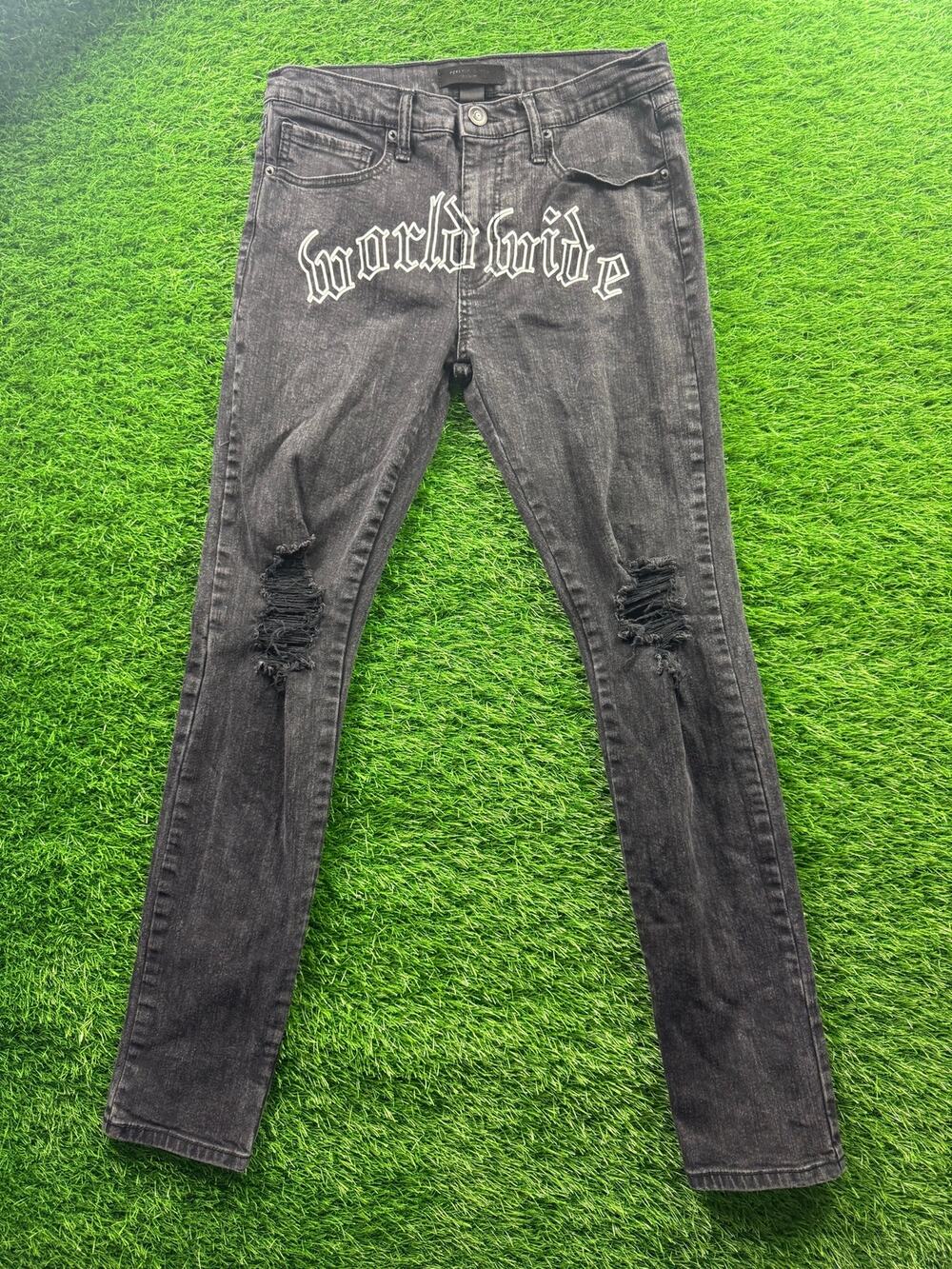 Forever 21 Mens 31 Worldwide Graphic Skinny Jeans Black Distressed Gothic Ripped